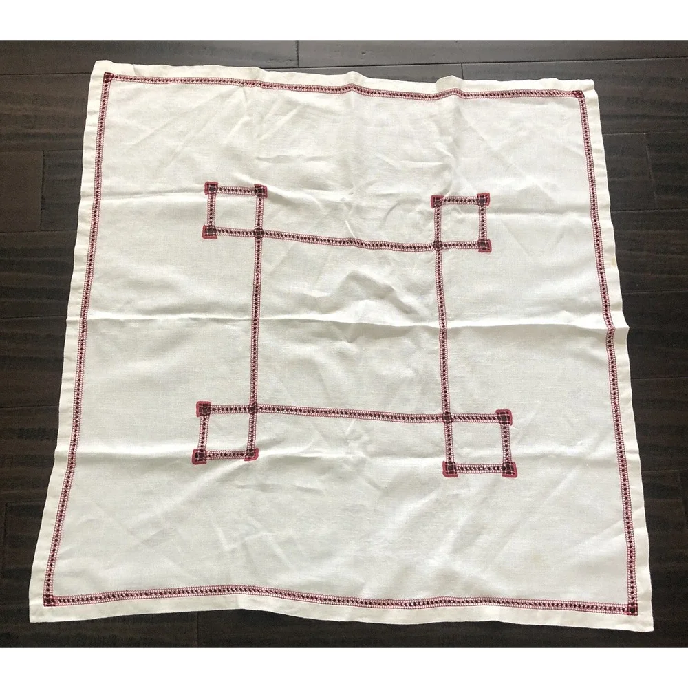 Vintage White Red Linen Cutwork Tablecloth Bed Side Table 31